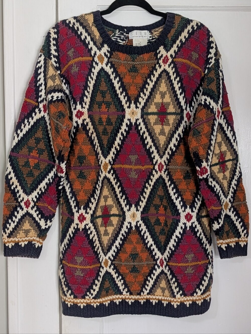 Vtg Something New Out West Snow Heavyweight Sweater Sz S Diamond Western Top
